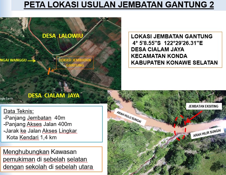 Peta lokasi usulan Jembatan Gantung Cialam Konawe Selatan. | Dok. BPJN Sulawesi Tenggara