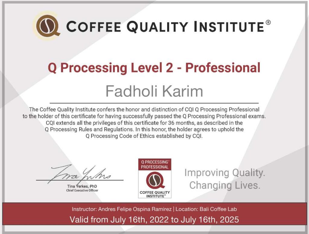 Sertifikat keahlian profesional mengelola kopi Fadholi Karim. | Dok. pribadi
