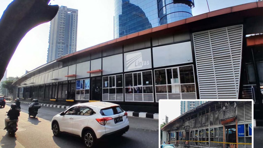 Penampakan Halte Tendean di Koridor 13 Transjakarta setelah diperbaiki dan berfungsi kembali. Insert: Foto seseaat setelah terbakar. | Majalah Lintas/Agustinus Mendröfa